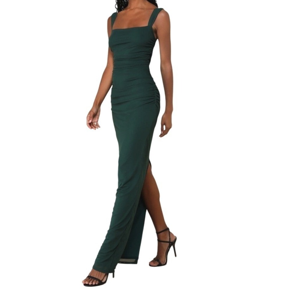 NWT Lulus Amazing Presence Dark Green Mesh Ruched Column‎ Maxi Dress XL Party